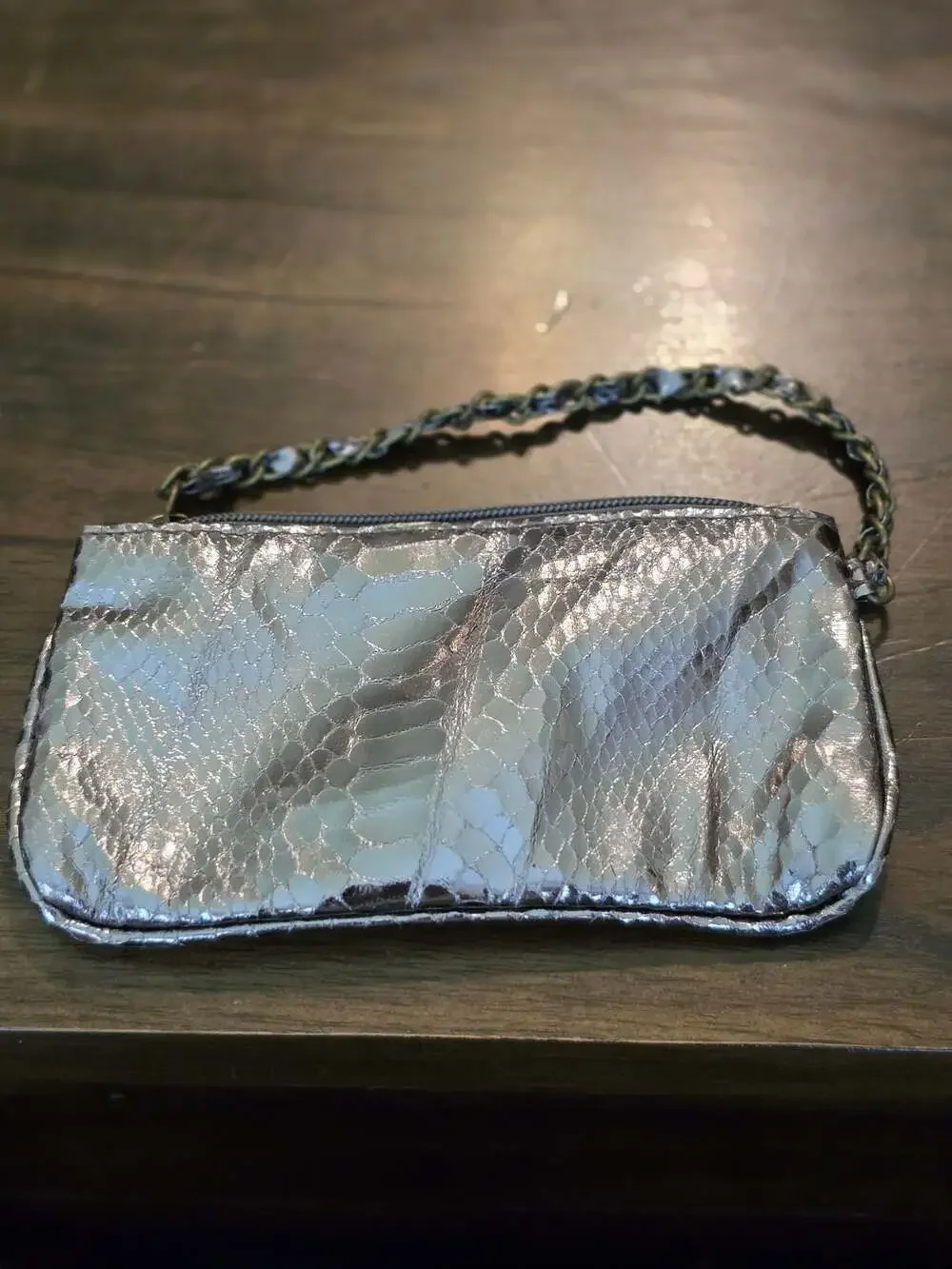 LORAC Metallic Silver Snake-Embossed Wristlet Clutch with Chain Handle